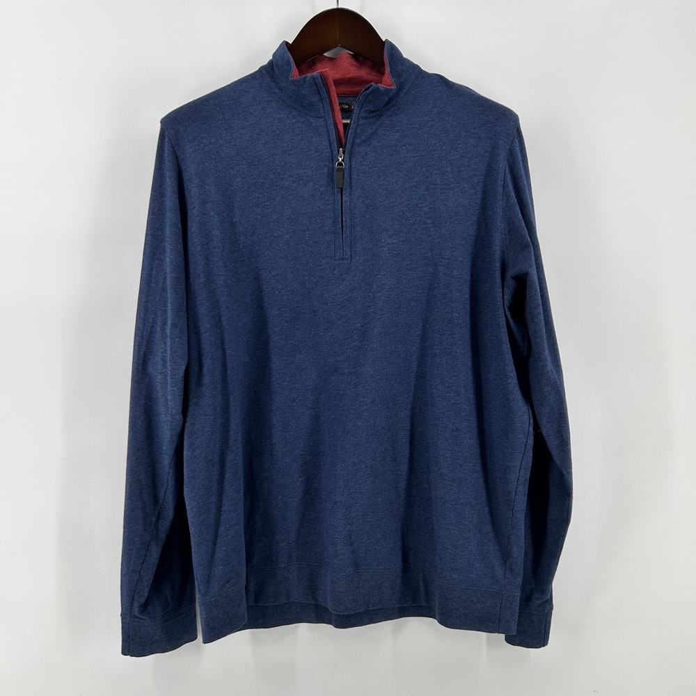 J McLaughlin Pullover Mens L Blue Pima Cotton Stretch 1/4 Zip Red Contrast